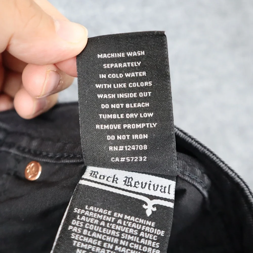 Rock Revival Moto Men Black Distressed Biker Jeans‎ Slim Fit Ribbed Details READ
